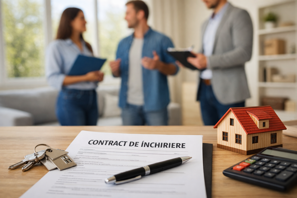 Contract de închiriere pe o masă modernă cu chei și miniatură de casă, scena unui apartament din București/ Brasov, pregătit pentru semnare